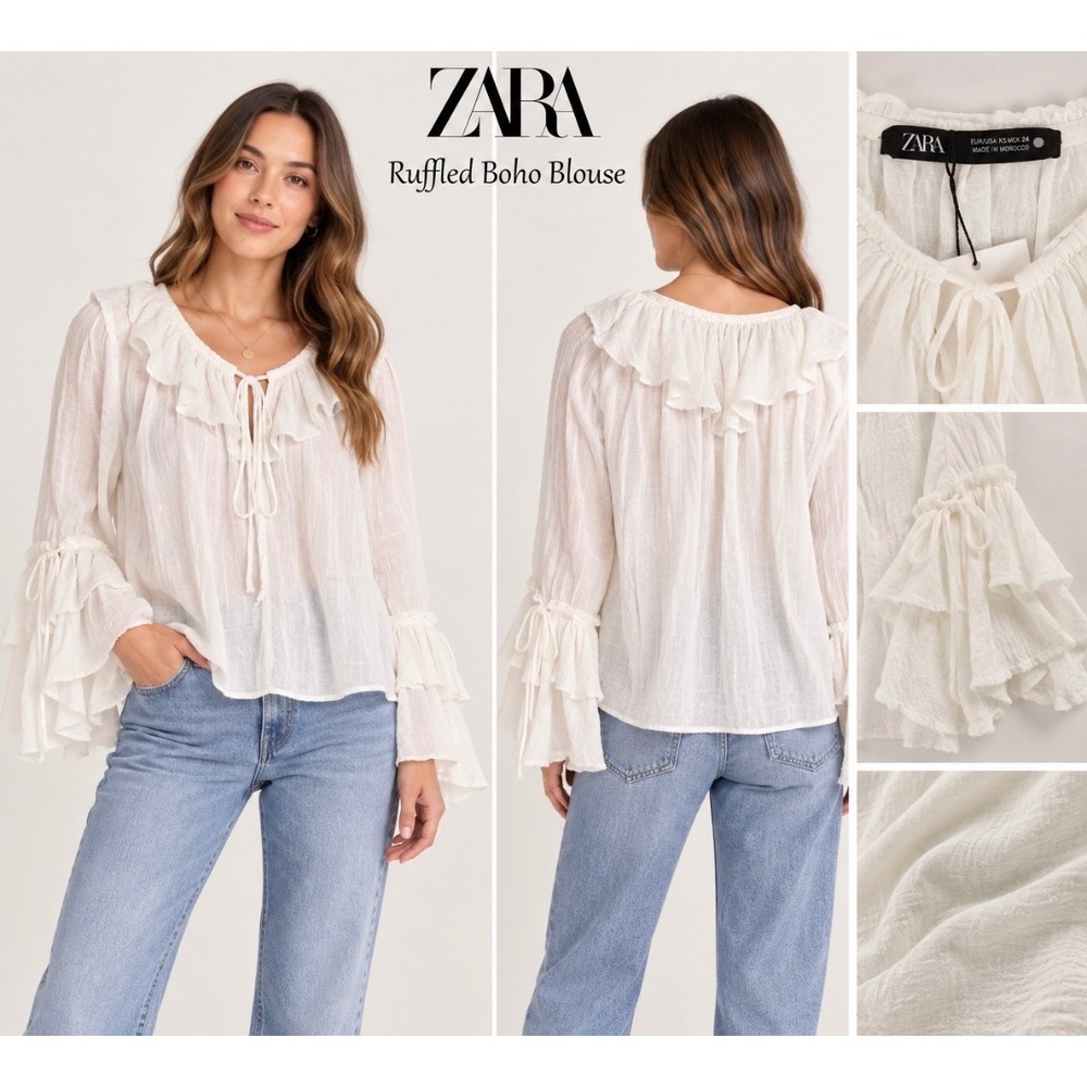 Zara White Boho Ruffle Tie Neck Blouse Bell Sleeve Peasant Top XS Semi Sheer NWT